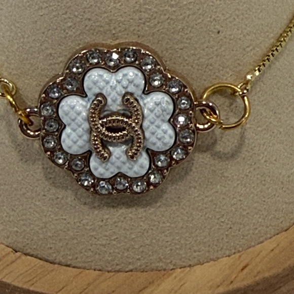Upcycled Jewelry - White Enamel Floral Crystal Gold Adjustable Bracelet